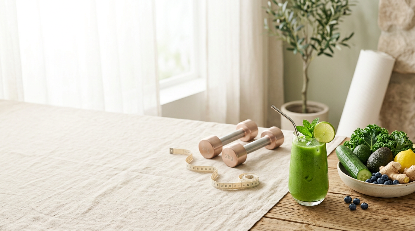 Fresh green smoothie, vegetables and dumbbells in soft natural light